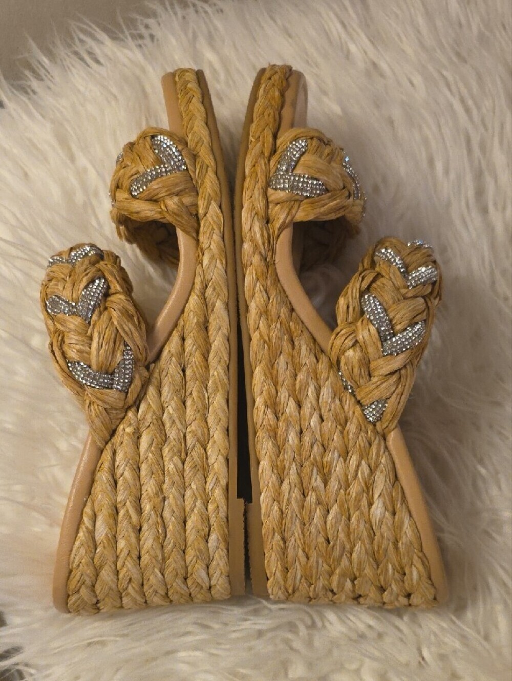 Stuart Weitzman LANA Natural Braided Raffia Wedge Sandals with Crystal Accents 8 - Picture 9 of 16